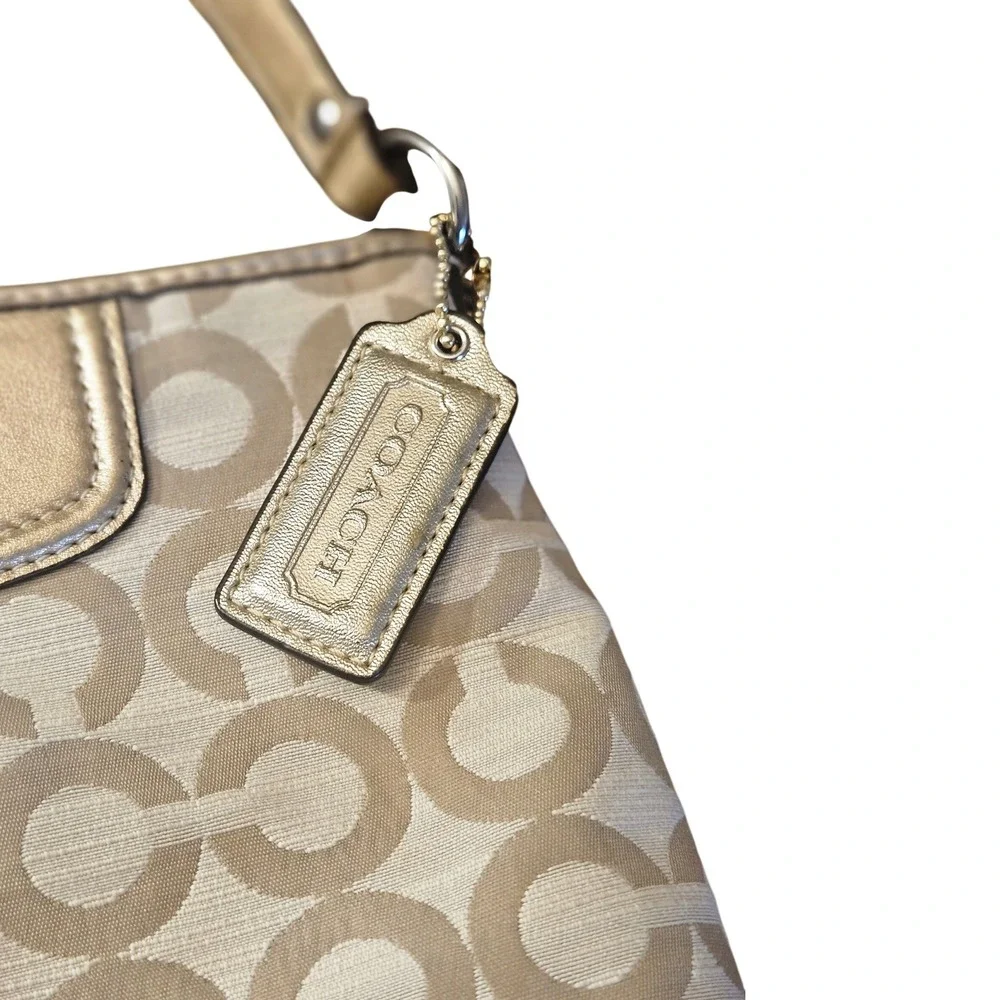 Coach Signature Jacquard Small Hobo Shoulder Bag Beige Metallic Gold Trim